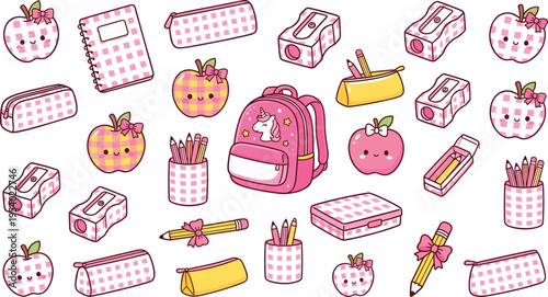 Kawaii pink gingham school supplies set with cute apple characters backpack pencil cases and stationery icons vector collection