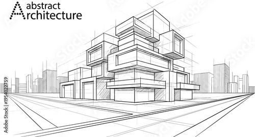Minimalist geometric modular architecture sketch with technical line art cubic volume building design urban planning concept illustration
