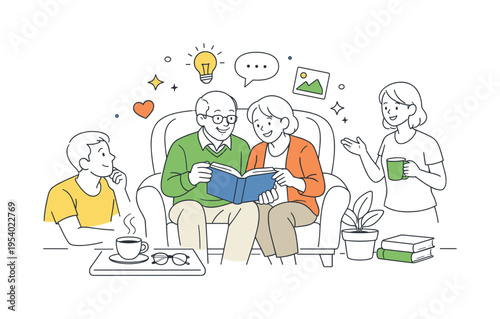Healthy aging and intellectual activity concept where an elderly couple enjoys reading together while discussing ideas and memories, a shared book and a cozy chair serving as the
