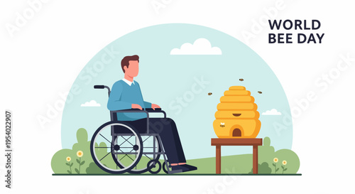 Man in wheelchair observing beehive with flying bees, celebrating World Bee Day. Illustration shows person with disability engaging with natural environment,