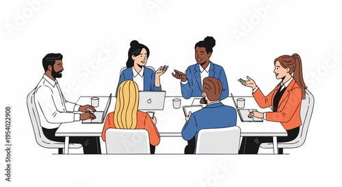Diverse professionals engage in productive business meeting, discussing ideas, strategies around modern conference table. Collaborative business meeting fosters teamwork, sharing insights.