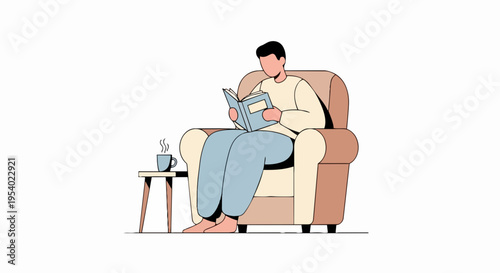Man reading book comfortably seated in cozy armchair, enjoying quiet leisure time. Man reading book with steaming mug on side table, engrossed in story.