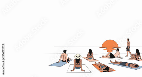 People enjoying beach vacation, sitting on towels watching sunset over ocean. Summer beach vacation activity includes tanning and relaxing on sand, enjoying warm weather.