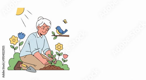 Senior planting garden, carefully placing green sprout into dark soil. Elderly woman planting garden surrounded by colorful blossoms, cheerful bird, and warm sunshine.