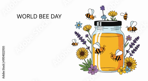 World Bee Day illustration with honey jar, flying bees, diverse flowers. Sunflowers, lavender, small blue blossoms, golden honey highlight World Bee Day.