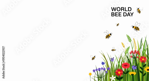 World Bee Day illustration showing honey bees flying above vibrant wildflowers on white background. World Bee Day emphasizes importance of pollinators and biodiversity,