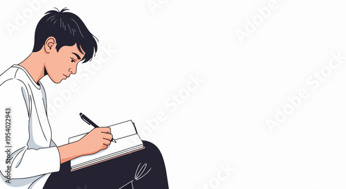 Young man writing in notebook with pen, focused on learning or planning, showcasing concentrated effort. Young man writing to complete school assignment or personal journal entry, developing skills.