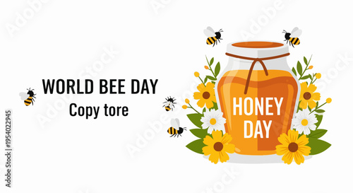 Illustration for World Bee Day, showcasing honey jar filled with golden liquid and bees flying around. World Bee Day celebration highlights vibrant yellow and white flowers,