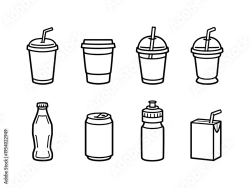 Cold drink containers: soda cup with straw, takeaway coffee cup with lid, plastic smoothie cup, milkshake cup with straw, glass bottle beverage, canned drink, sports water bottle