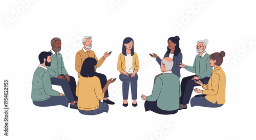 Diverse group discussion featuring men and women from various backgrounds collaborating in a circle. Active group discussion with participants engaged in conversation, sharing ideas,