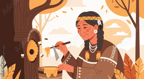 Traditional honey harvest by indigenous woman extracting sweet nectar from beehive attached to large tree trunk. Ancient honey harvest methods demonstrate sustainable beekeeping practices.