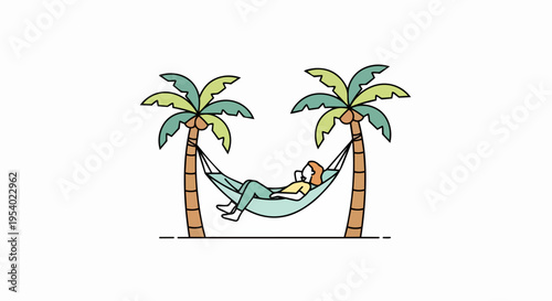 Illustration shows person relaxing in hammock, suspended between two tropical palm trees. Simple graphic design depicts tranquil scene for ideal person relaxing.