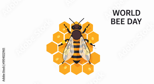 World Bee Day illustration shows honey bee on golden honeycomb. World Bee Day celebration highlights importance of pollinators and ecosystem health.