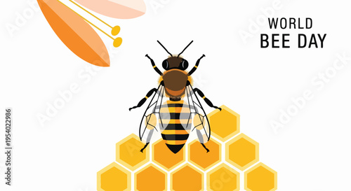 World Bee Day graphic featuring honey bee on honeycomb, this illustration highlights importance of pollinators with delicate flower for World Bee Day,