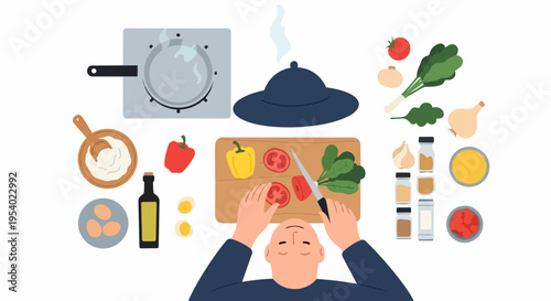 Person shows cooking process, preparing fresh ingredients on wooden cutting board. Various vegetables, spices, kitchen tools surround active cooking process.