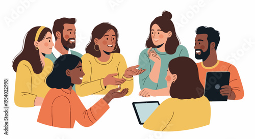 Diverse people engaging in productive group discussion, young professionals collaborating and sharing ideas during dynamic group discussion, some using tablets. Concept for business, education,