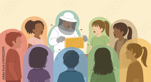 Beekeeper gives beekeeping lesson to curious children, observing flying bees. Instructor demonstrates beehive frame, explaining honey production and bee importance in nature education.