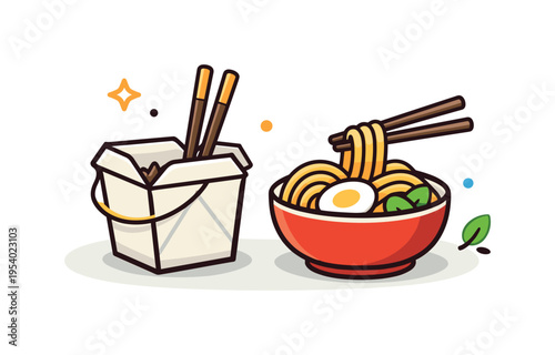 Urban food delivery and takeaway dining focused on enjoying Asian meals at home or on the go, a small takeout container with chopsticks and a rounded noodle bowl representing