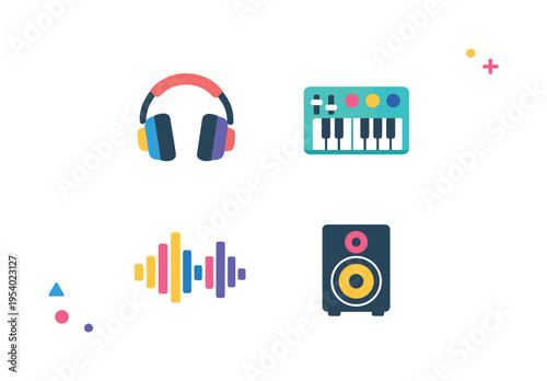 Digital music production and modern audio creativity supporting home studio workflows and innovative sound creation in technology-driven artistic lifestyles, four minimal icons