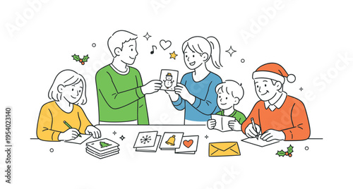 A seasonal celebration concept showing people preparing and sharing holiday greetings in a warm and friendly environment, using a set of greeting cards and a single envelope as a