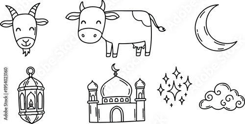 A delightful set of hand drawn Islamic holiday symbols including a mosque moon and sacrificial animals.