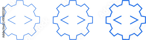 Set of three blue gear icons with code brackets inside, representing software development, engineering, and technical settings
