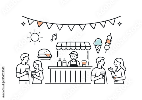 Community festival and open air dining concept representing relaxed social interaction and seasonal events, a minimal scene with a bar counter, a few simple food icons, and a small