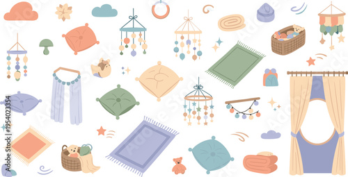 Baby Nursery Decor Elements Vector Set with Pillows Rugs Curtains Mobiles Blankets and Cozy Interior Accessories for Newborn Room Design Illustration.
