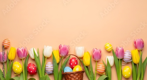 Easter tulips and eggs in a basket on pastel background