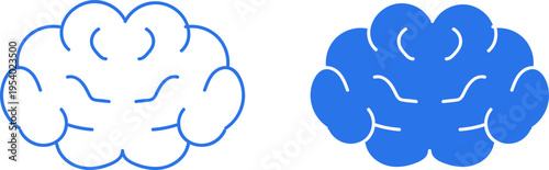 Set of two brain icons, one outline and one solid blue, representing intelligence, creativity, and mental health