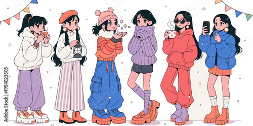 A group of six stylish young women standing together in a whimsical anime inspired winter scene