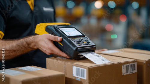 Macro close-up of hands holding a shipping label printer while affixing labels to small parcels, faceless composition emphasizing workflow, printed labels, tape dispenser, and corr