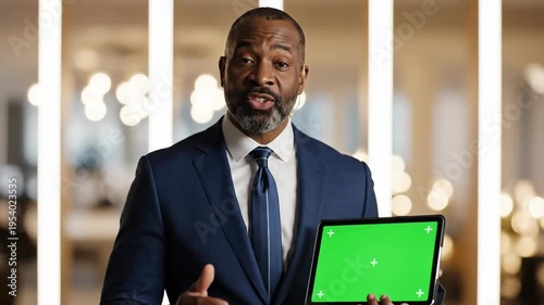 Professional presenter using green screen tablet in bright office setting