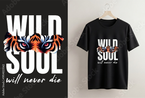 A black t-shirt Graphic Design with a striking design featuring 'Wild Soul' typography and a tiger graphic, perfect for fashion, apparel, and lifestyle marketing campaigns.