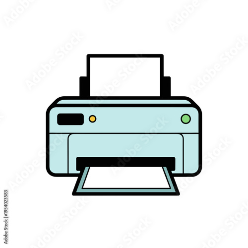 Printer in colorful illustration with paper being printed  