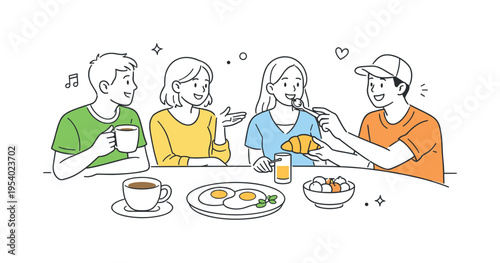 A group of friends enjoying a relaxed brunch gathering in a modern casual setting, sharing food and conversation during a slow morning routine, symbolized by a simple composition