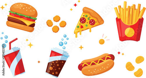 Cartoon fast food vector set with burger, pizza, fries, hot dog, soda drinks, and snack items illustration collection
