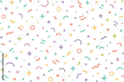 Minimal confetti celebration seamless pattern for modern party and branding themes featuring small dots, tiny stars, short lines, curved dashes, mini circles, sparkle shapes,