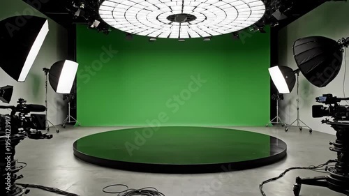 Professional chroma key studio setup with lighting and green screen