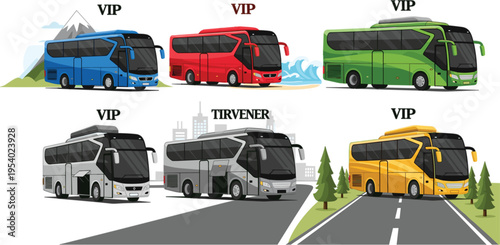 Luxury VIP coach buses set in different scenic and urban backgrounds, modern travel transportation vector illustration collection