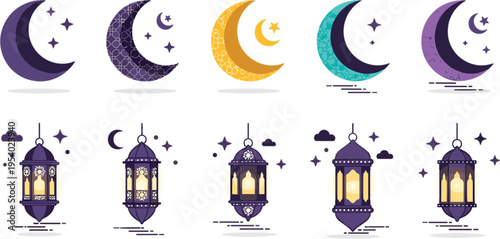 Crescent moon and hanging lantern vector set for Islamic greetings, Eid, Ramadan celebration, and festive decoration illustrations