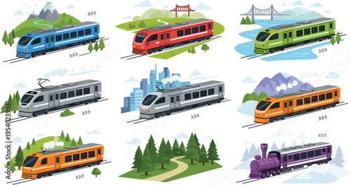 Colorful modern and vintage train vector set with scenic landscapes, urban backgrounds, railway transportation illustration collection