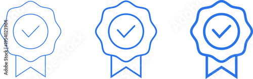 Set of three blue line art award ribbon icons with check marks of varying stroke weights