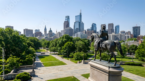 Equestrian Statue in Park with Philadelphia Skyline on a Sunny Day