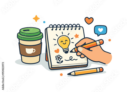 Relaxed cafe lifestyle moment where someone casually doodles while taking a break from work or study in a warm coffee shop setting, a takeaway coffee cup beside a pencil and a