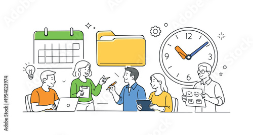 A small team designing a unified set of office workflow icons to visually communicate business processes and daily operations, focusing on simplicity and usability in a modern