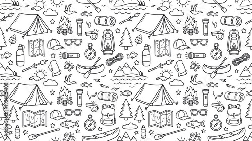 Summer camp fun and youth outdoor experience concept focused on recreation, nature, and social bonding activities for children during vacation time. Objects of tent, campfire,