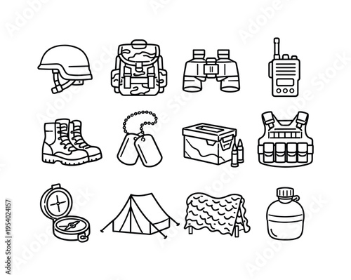 Military equipment and battlefield gear: military helmet, camouflage backpack, binoculars, radio transmitter, combat boots, dog tags, ammunition box, tactical vest, field compass