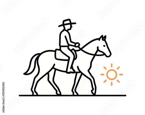 Rural lifestyle independence and frontier spirit reflecting traditional outdoor work and self reliance in wide open landscapes, a clean cowboy riding horse silhouette placed above
