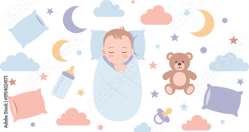 Cute Sleeping Baby Swaddled with Moon Clouds Stars Pillow Teddy Bear and Bottle Illustration for Bedtime Nursery Design and Childcare Concept.